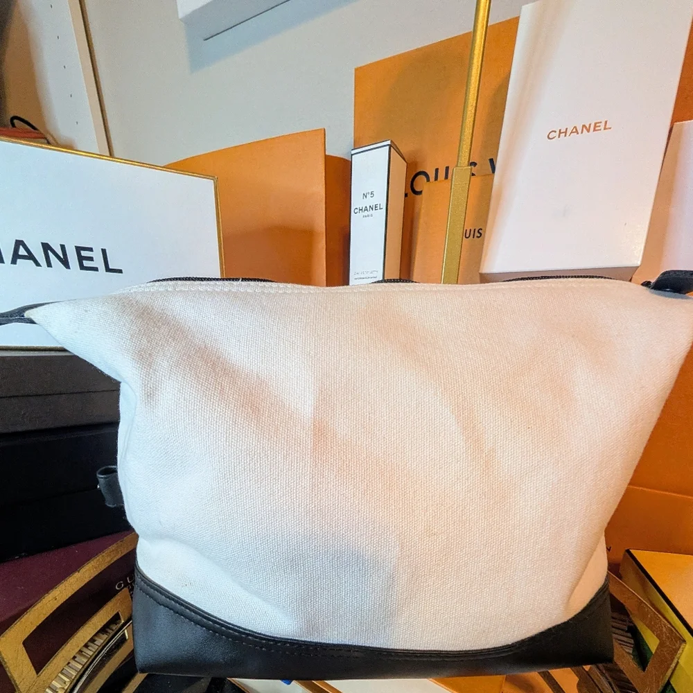 CHANEL Black and White Canvas & Leather. Pouch/Cosmetic Bag/Large Clutch